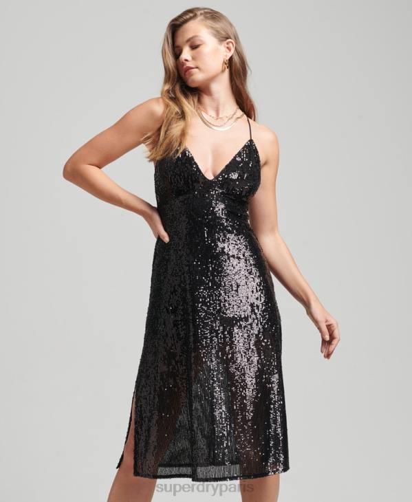 Superdry femmes robe mi-longue à sequins D64Z2450 vêtements noir