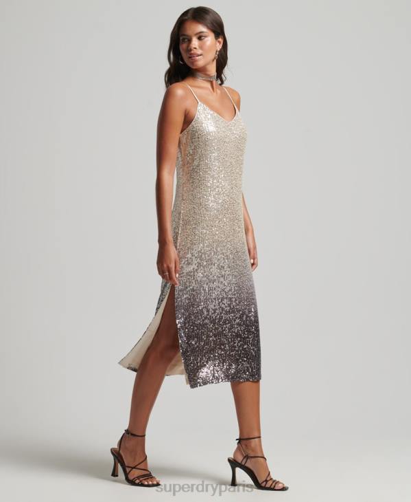 Superdry femmes robe mi-longue à sequins dégradés D64Z2428 vêtements argent