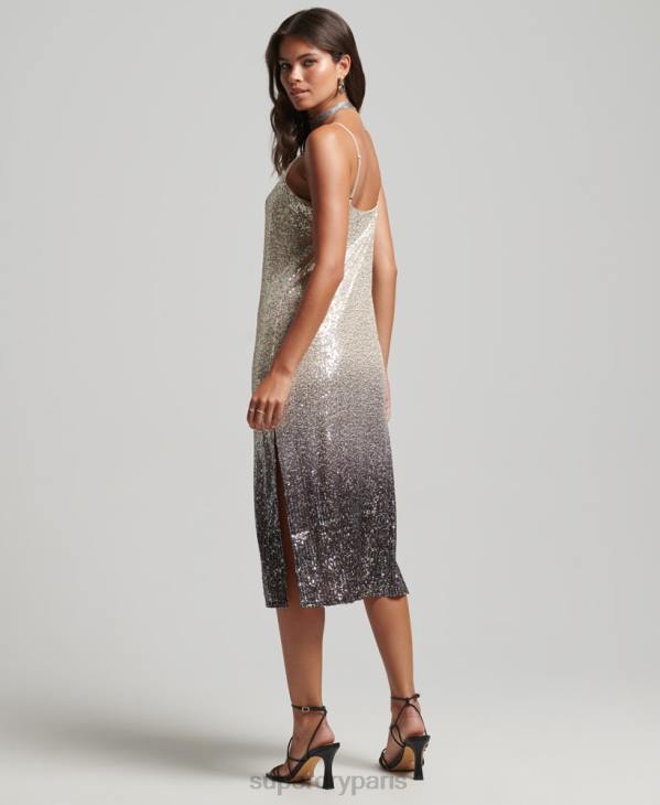 Superdry femmes robe mi-longue à sequins dégradés D64Z2428 vêtements argent