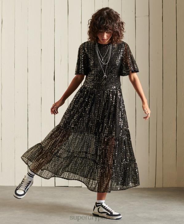 Superdry femmes robe mi-longue tissée à sequins D64Z2523 vêtements noir