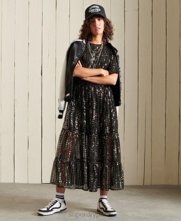 Superdry femmes robe mi-longue tissée à sequins D64Z2523 vêtements noir