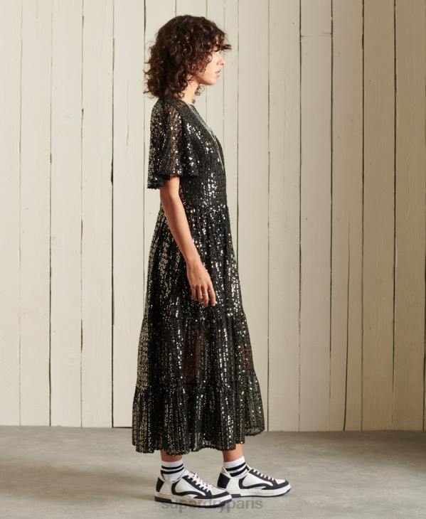 Superdry femmes robe mi-longue tissée à sequins D64Z2523 vêtements noir