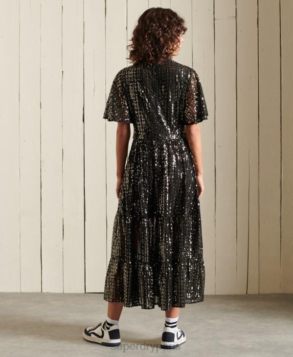 Superdry femmes robe mi-longue tissée à sequins D64Z2523 vêtements noir