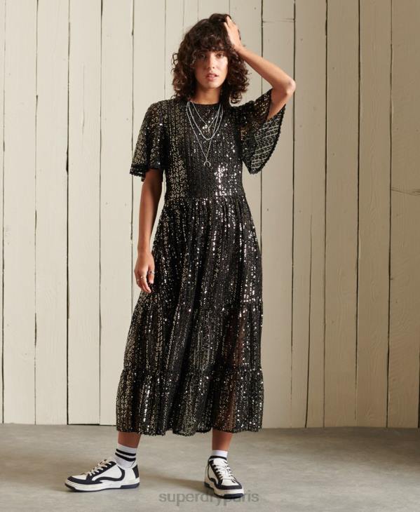 Superdry femmes robe mi-longue tissée à sequins D64Z2523 vêtements noir