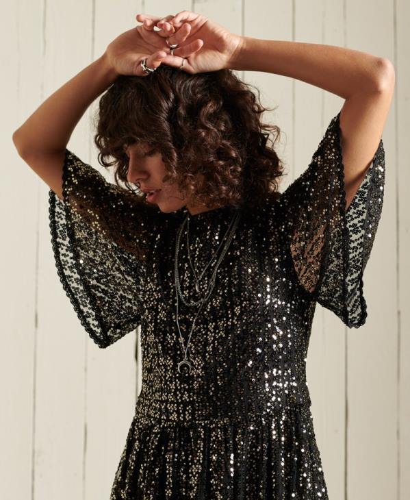 Superdry femmes robe mi-longue tissée à sequins D64Z2523 vêtements noir