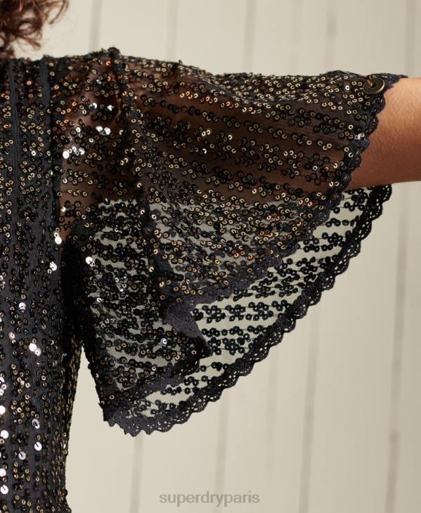 Superdry femmes robe mi-longue tissée à sequins D64Z2523 vêtements noir