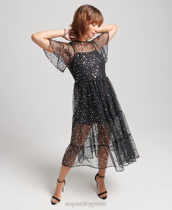 Superdry femmes robe mi-longue tissée à sequins transparents D64Z2545 vêtements noir