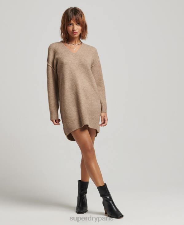 Superdry femmes robe pull en maille à col v D64Z2421 vêtements beige