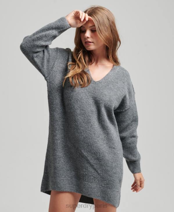 Superdry femmes robe pull en maille à col v D64Z2442 vêtements gris foncé