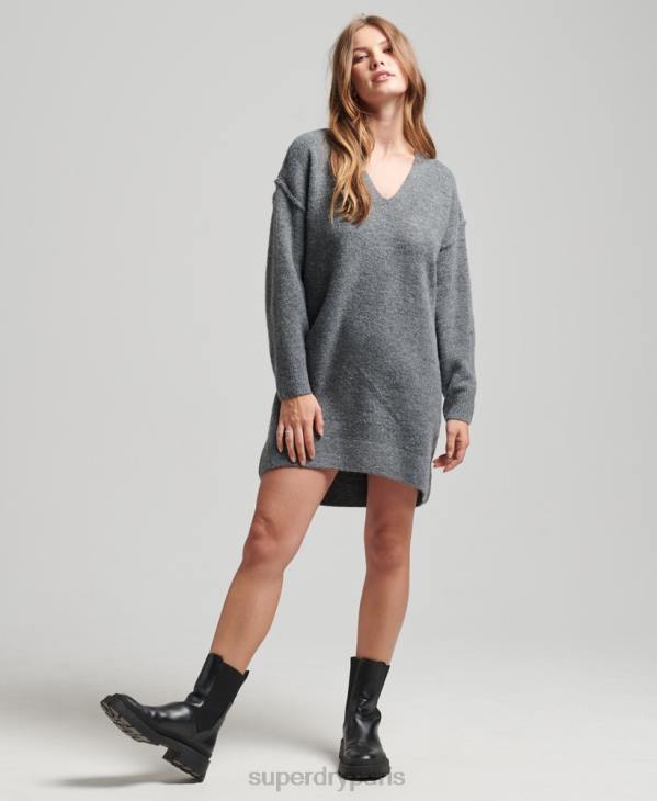 Superdry femmes robe pull en maille à col v D64Z2442 vêtements gris foncé