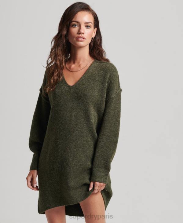 Superdry femmes robe pull en maille à col v D64Z2443 vêtements kaki