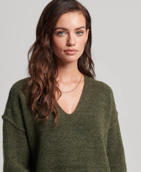 Superdry femmes robe pull en maille à col v D64Z2443 vêtements kaki