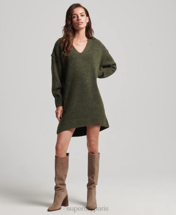 Superdry femmes robe pull en maille à col v D64Z2443 vêtements kaki