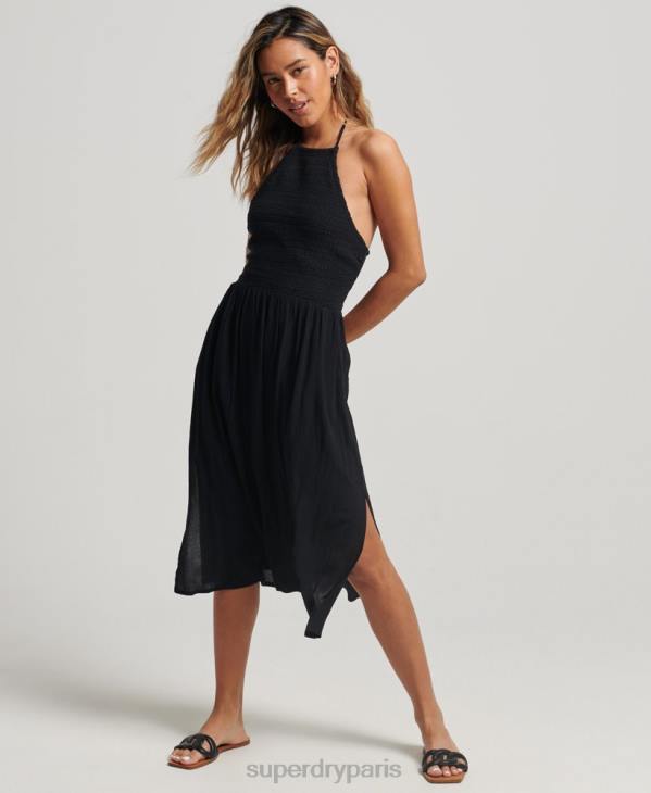 Superdry femmes robe smockée vintage à col licou D64Z2354 vêtements noir