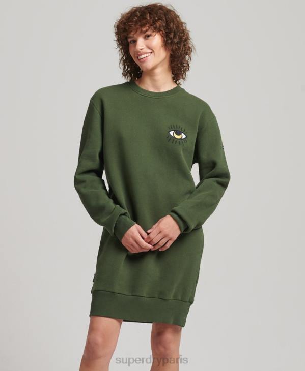 Superdry femmes robe sweat folk nomade D64Z2534 vêtements vert