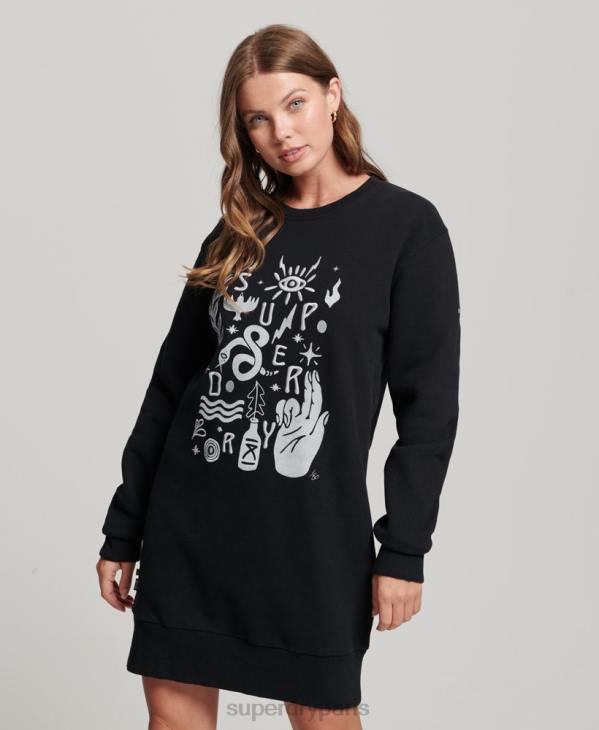 Superdry femmes robe sweat folk nomade D64Z2542 vêtements noir