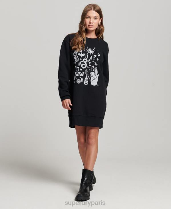 Superdry femmes robe sweat folk nomade D64Z2542 vêtements noir