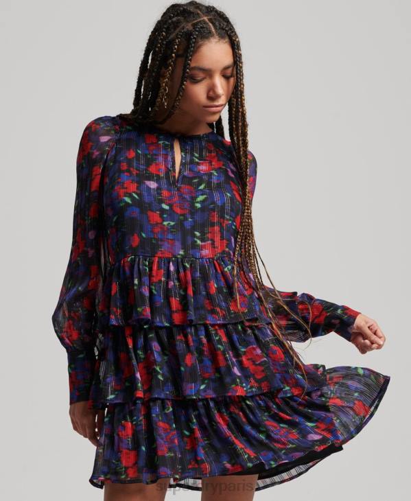 Superdry femmes robe à volants à manches longues studios D64Z2520 vêtements marine
