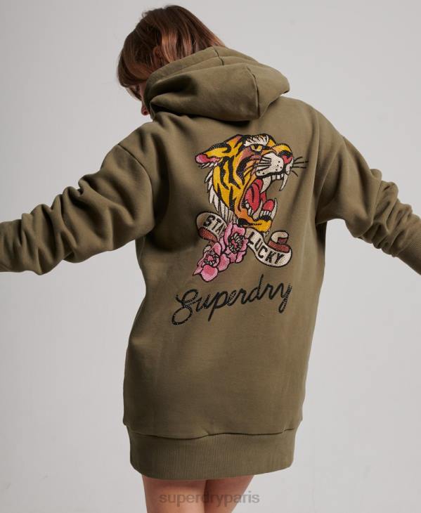 Superdry femmes tatouage sweat à capuche robe D64Z2517 vêtements vert