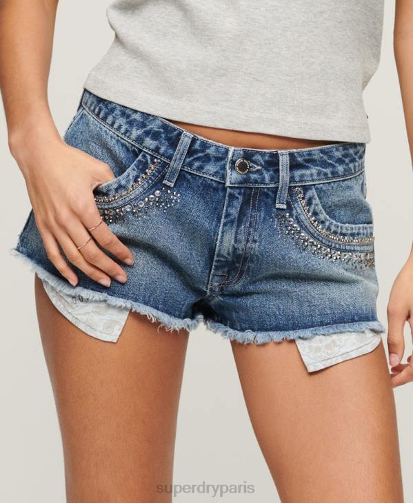 Superdry femmes short en jean orné de strass D64Z2090 vêtements bleu
