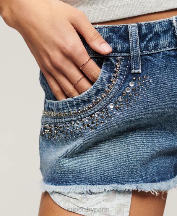 Superdry femmes short en jean orné de strass D64Z2090 vêtements bleu