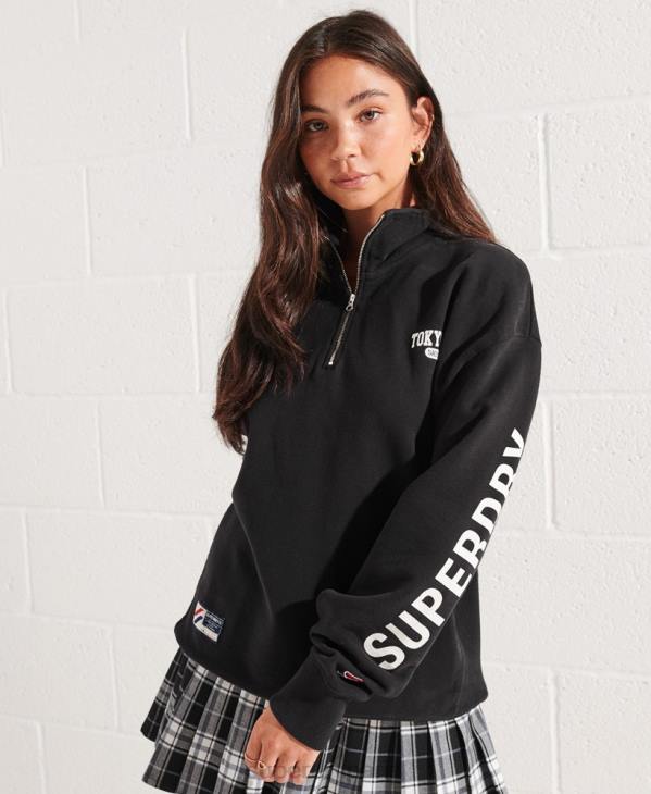 Superdry femmes city ​​college haut de survêtement demi-zip oversize D64Z3345 vêtements noir