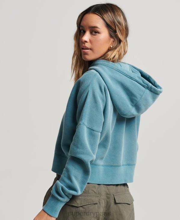 Superdry femmes sweat à capuche court délavé D64Z3407 vêtements turquoise