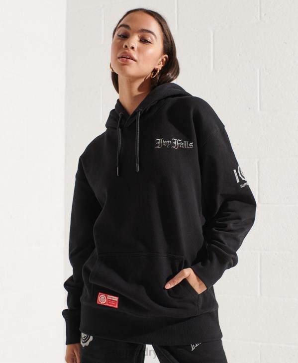 Superdry femmes sweat à capuche court graphique college D64Z6173 vêtements noir