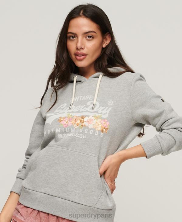 Superdry femmes sweat à capuche fleuri à logo vintage D64Z3370 vêtements gris clair