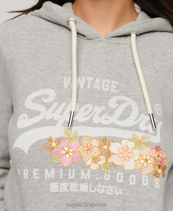 Superdry femmes sweat à capuche fleuri à logo vintage D64Z3370 vêtements gris clair