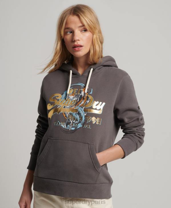 Superdry femmes sweat à capuche graphique à logo vintage japonais D64Z3306 vêtements gris foncé