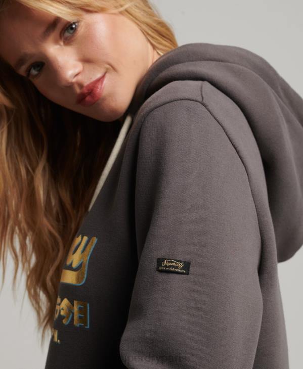 Superdry femmes sweat à capuche graphique à logo vintage japonais D64Z3306 vêtements gris foncé