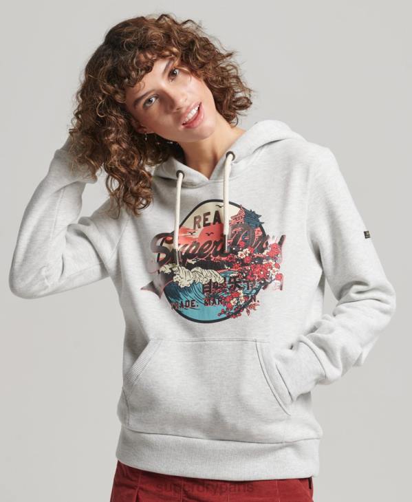 Superdry femmes sweat à capuche graphique à logo vintage japonais D64Z3389 vêtements gris clair