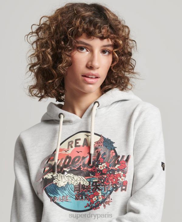 Superdry femmes sweat à capuche graphique à logo vintage japonais D64Z3389 vêtements gris clair