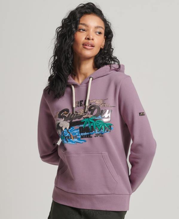 Superdry femmes sweat à capuche graphique à logo vintage japonais D64Z3403 vêtements violet