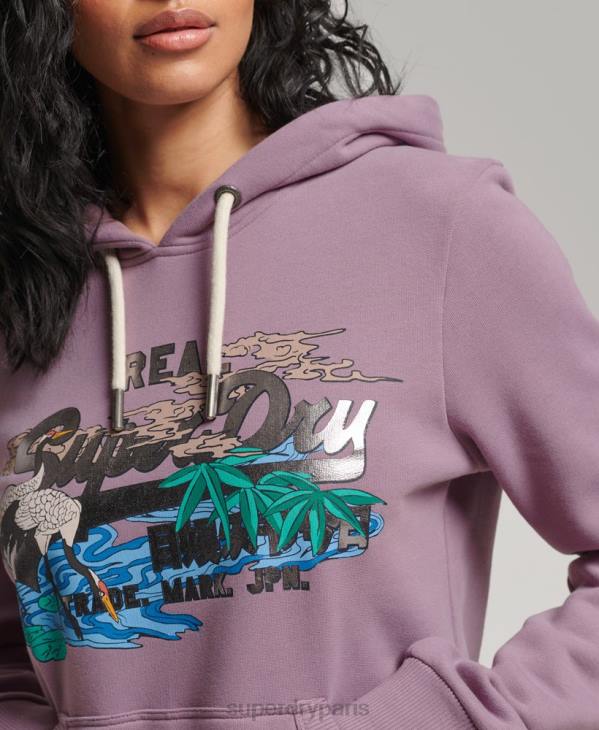 Superdry femmes sweat à capuche graphique à logo vintage japonais D64Z3403 vêtements violet