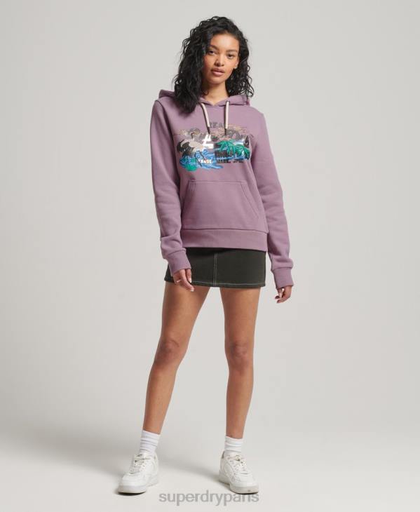 Superdry femmes sweat à capuche graphique à logo vintage japonais D64Z3403 vêtements violet