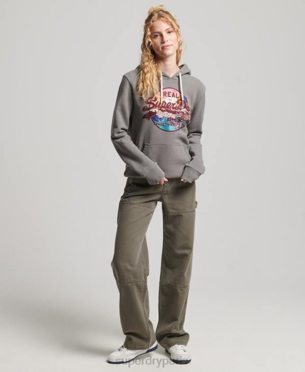 Superdry femmes sweat à capuche à logo graphique japonais D64Z5753 vêtements gris