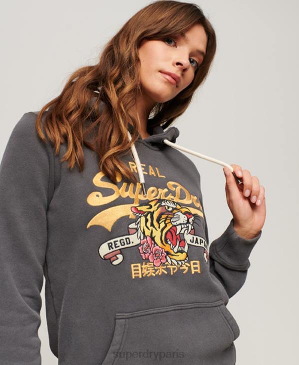 Superdry femmes sweat à capuche à logo vintage D64Z2128 vêtements gris foncé