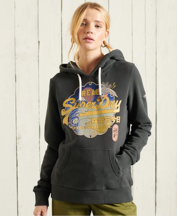 Superdry femmes sweat à capuche à logo vintage D64Z6178 vêtements gris foncé