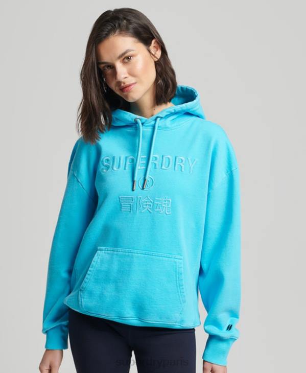 Superdry femmes sweat à capuche oversize teint en pièce avec logo code D64Z5941 vêtements turquoise