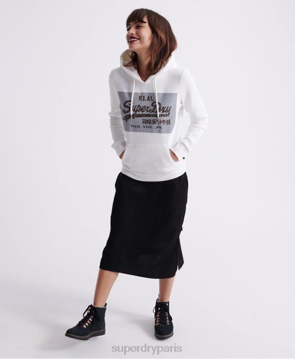 Superdry femmes sweat à capuche réfléchissant à logo vintage D64Z3511 vêtements crème