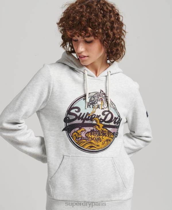 Superdry femmes sweat à capuche strassé et logo vintage D64Z5863 vêtements gris clair