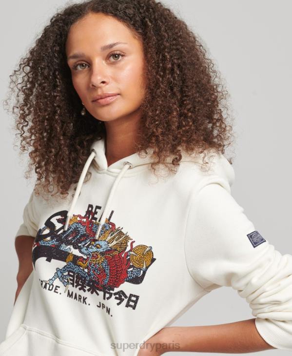 Superdry femmes sweat à capuche strassé et logo vintage D64Z6083 vêtements crème