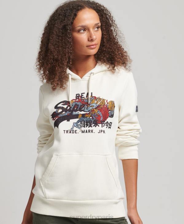Superdry femmes sweat à capuche strassé et logo vintage D64Z6083 vêtements crème