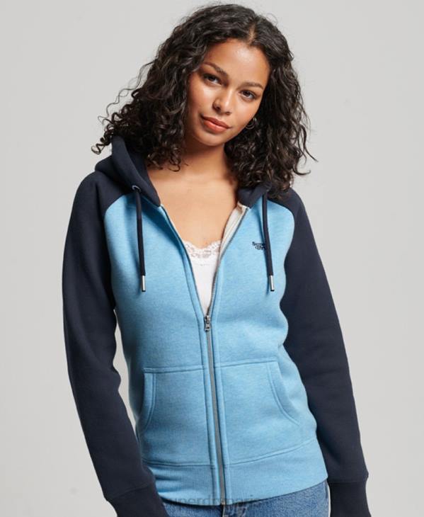 Superdry femmes sweat à capuche zippé baseball logo vintage brodé D64Z3387 vêtements bleu
