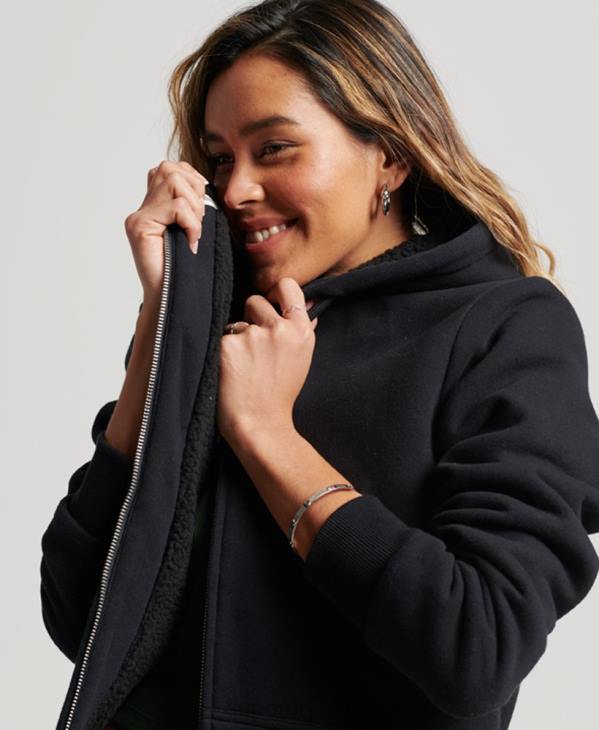 Superdry femmes sweat à capuche zippé doublé borg essential D64Z5741 vêtements noir