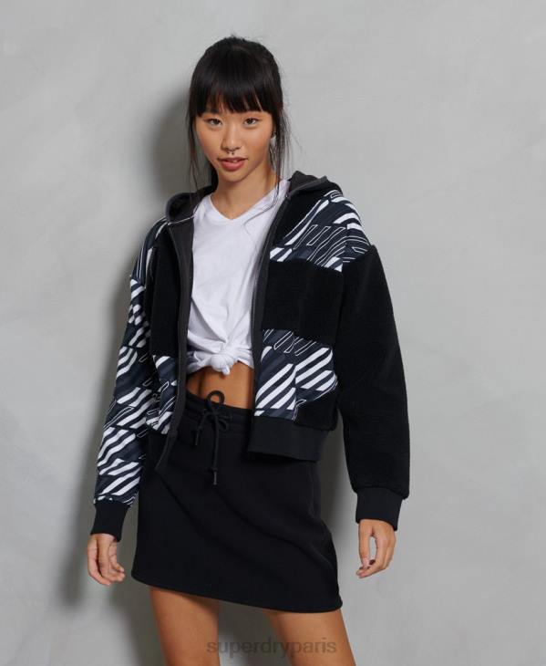 Superdry femmes sweat à capuche zippé en sherpa côtelé sportstyle energy D64Z6181 vêtements noir