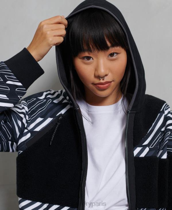 Superdry femmes sweat à capuche zippé en sherpa côtelé sportstyle energy D64Z6181 vêtements noir