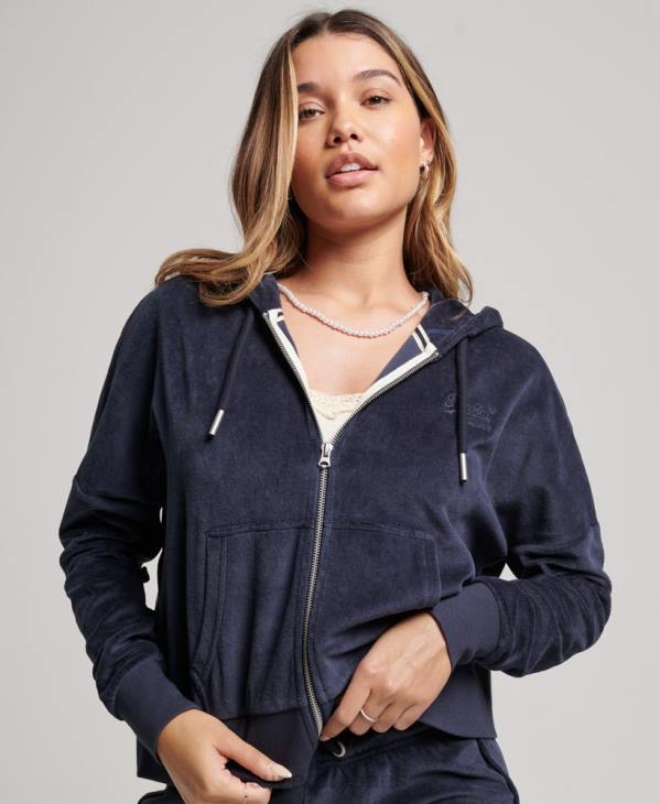 Superdry femmes sweat à capuche zippé en velours à logo vintage en coton bio D64Z2185 vêtements marine